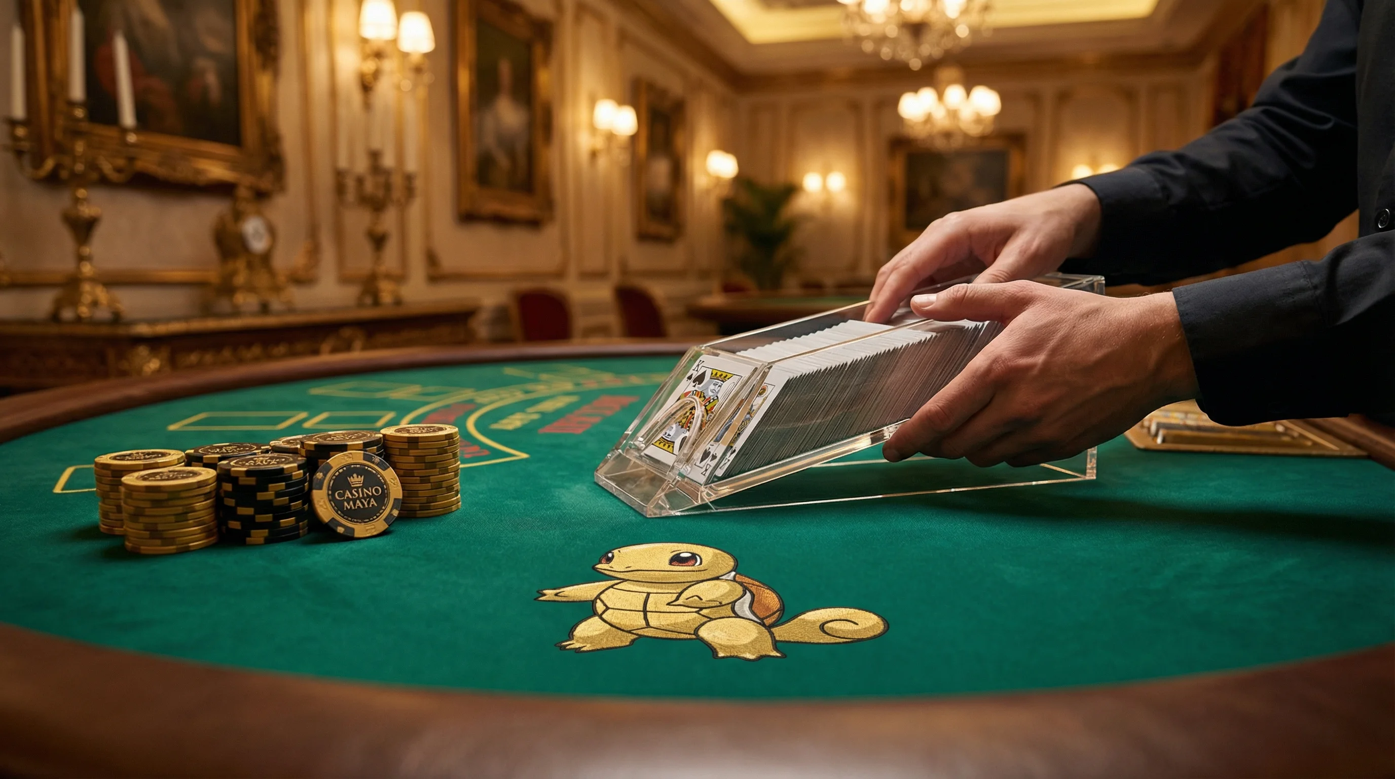 Mesa de bacará elegante con crupier profesional y fichas doradas