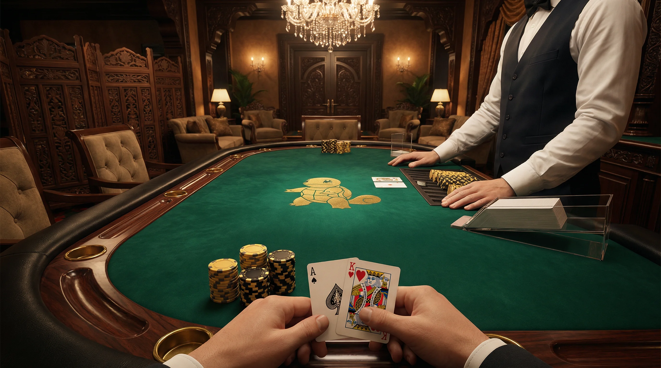 Mesa de blackjack de lujo con cartas y fichas doradas en Poker Stars México