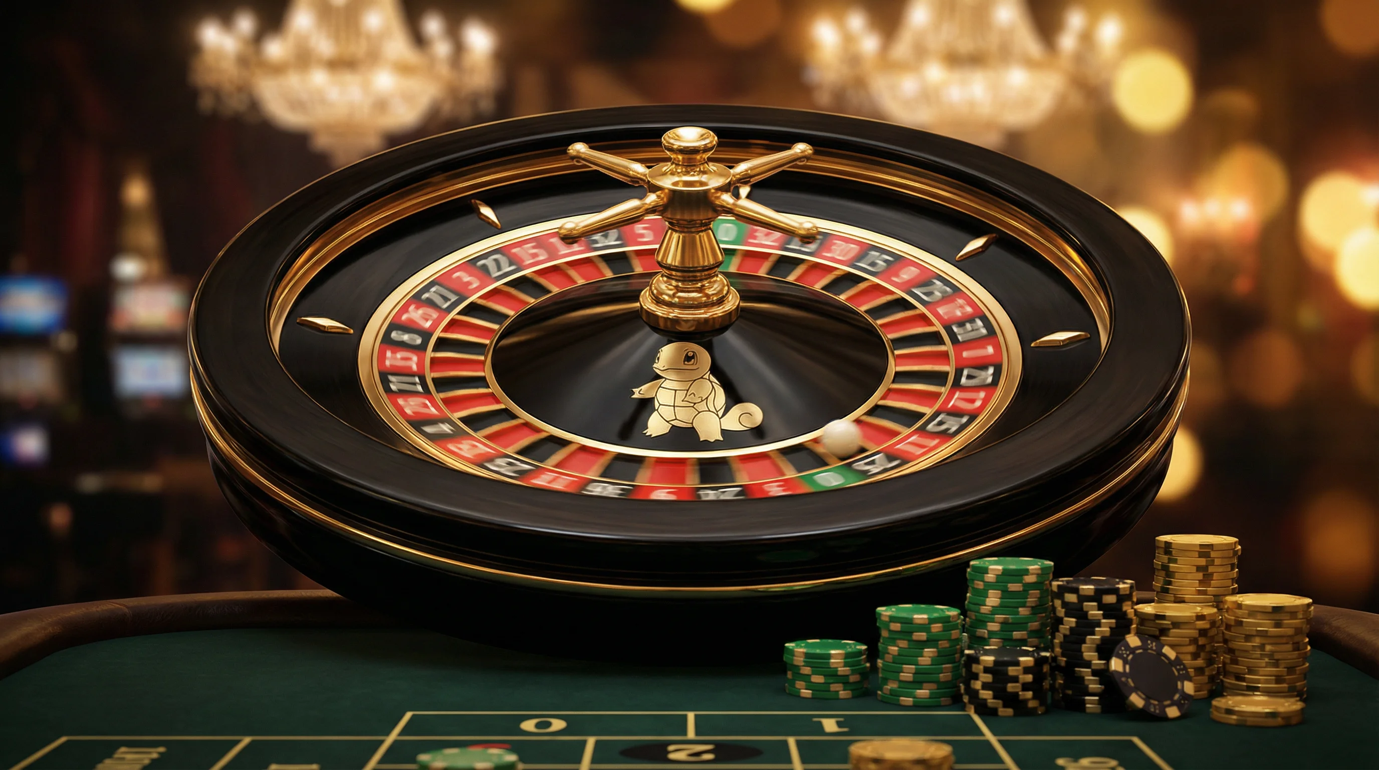 Ruleta europea de casino con tortuga dorada y fichas de colores